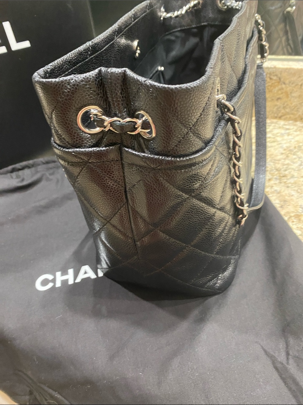 CHANEL Black Quilted Caviar Leather Tote with Chain-Strap Handles - Picture 5 of 8